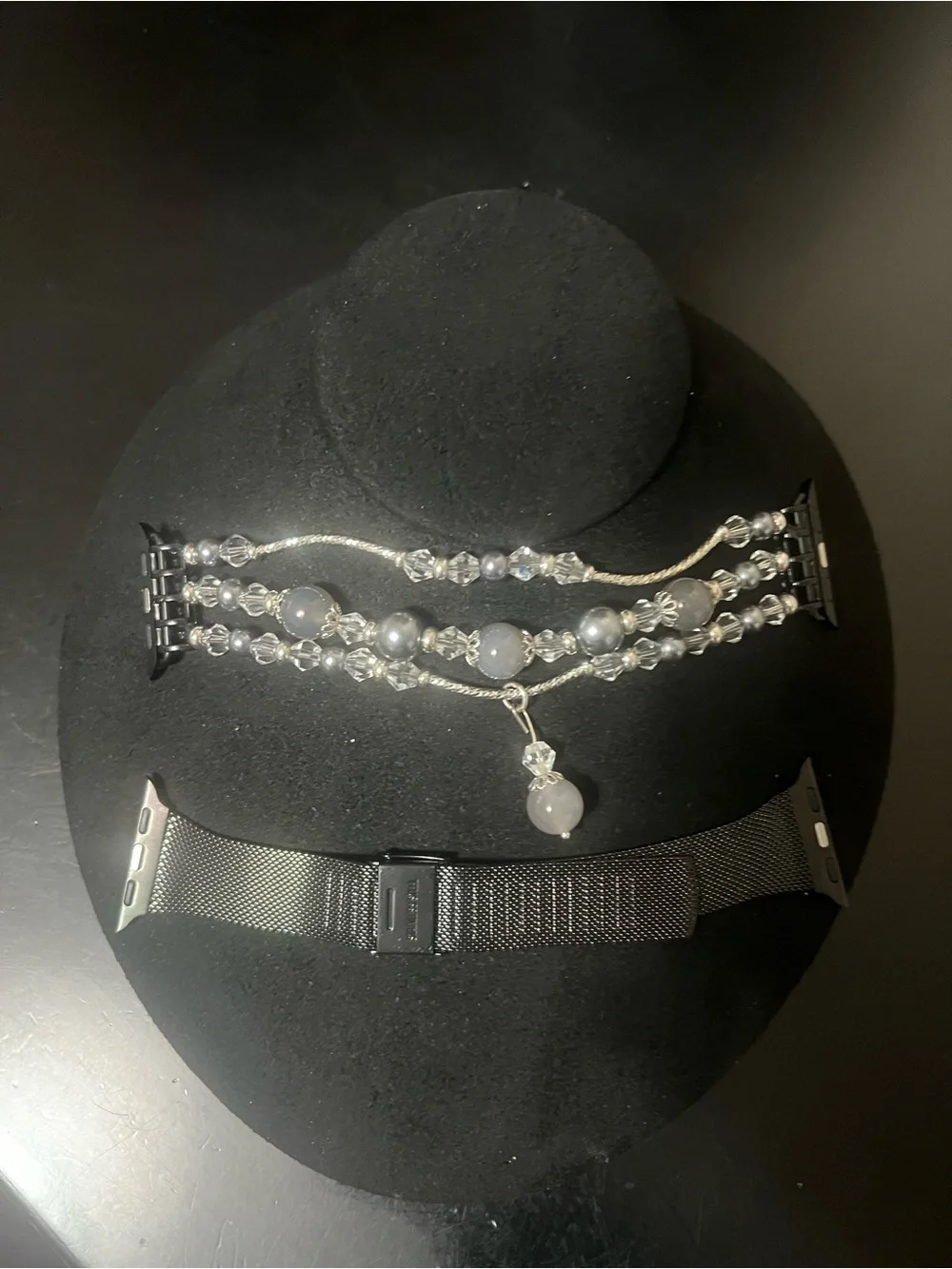 Set of 2 -Silver/Black Stretch Beaded Apple Watch Band and Black Metal Mesh Band